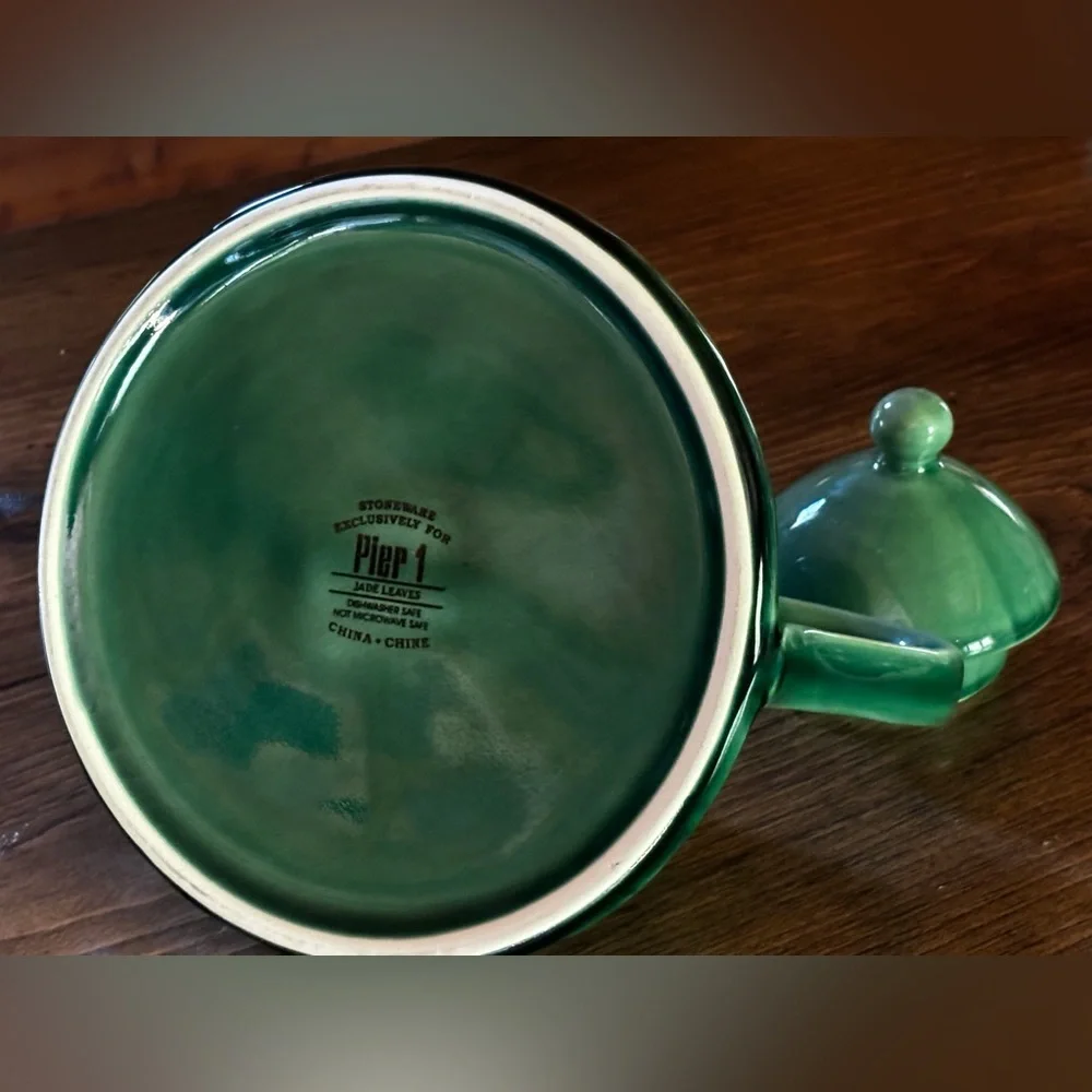 Vintage Pier-1 Imports Teapot Jade Leaves Green Stoneware Pier One Collection 7